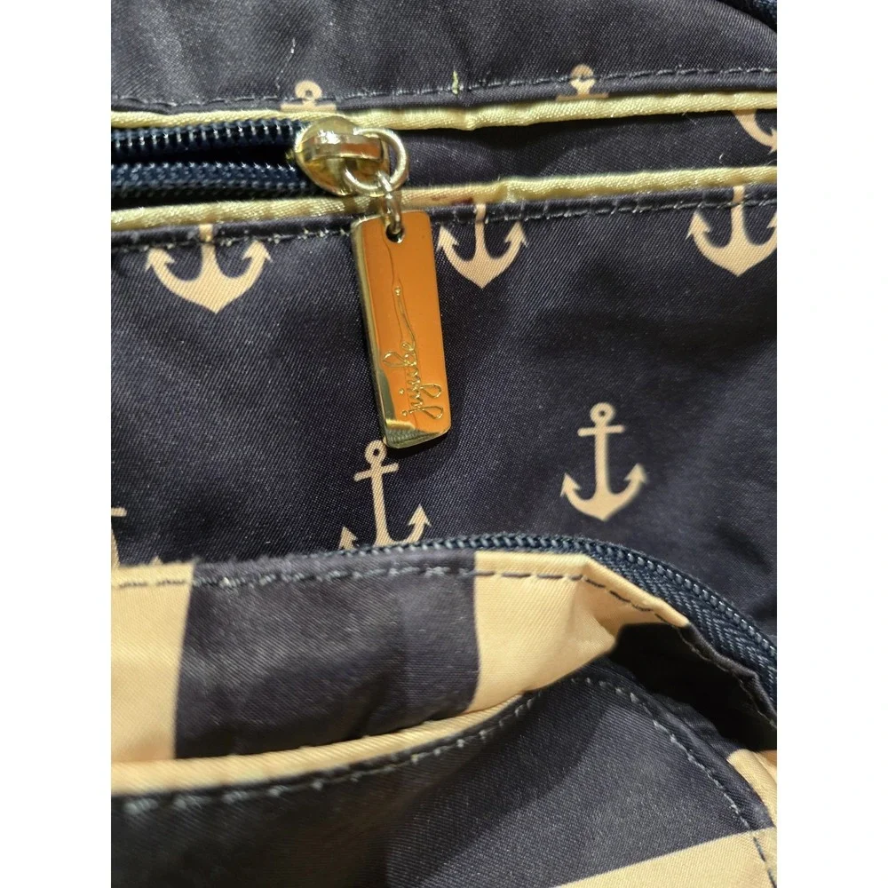 JuJuBe Commodore Tan Navy Size Large Nautical Anchor Stripes Diaper Bag Travel